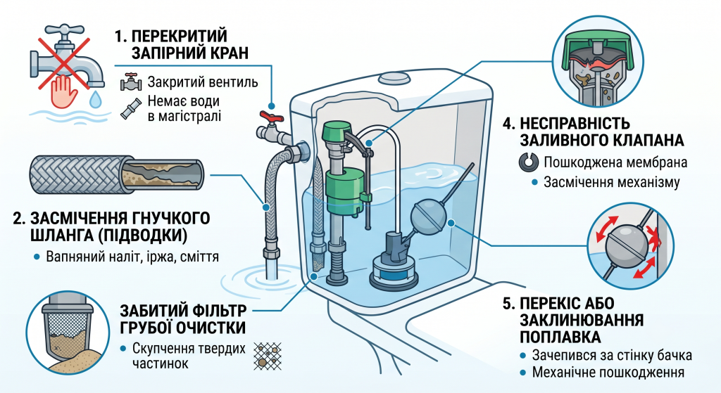 чому не набирається вода в бачок унітаза