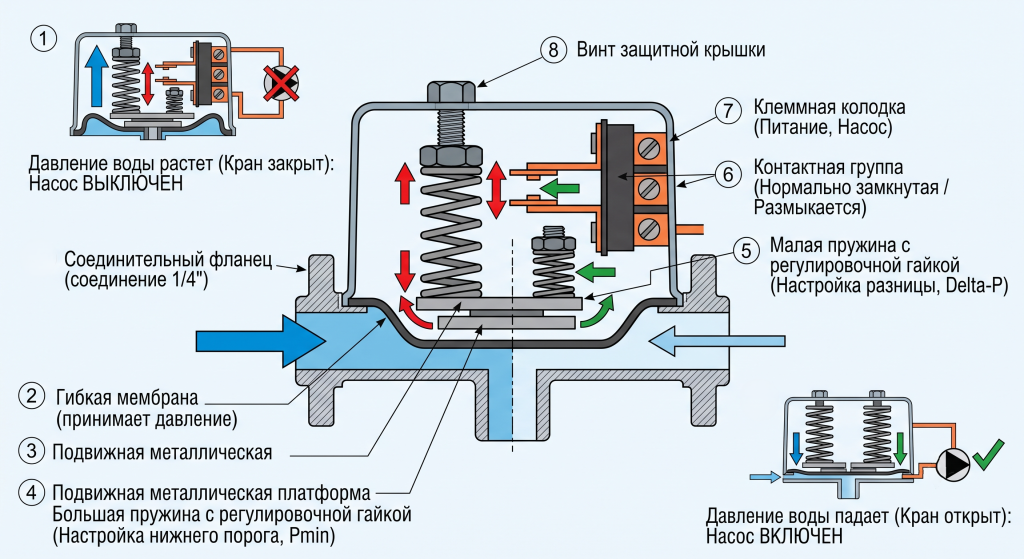 как настроить реле давления воды