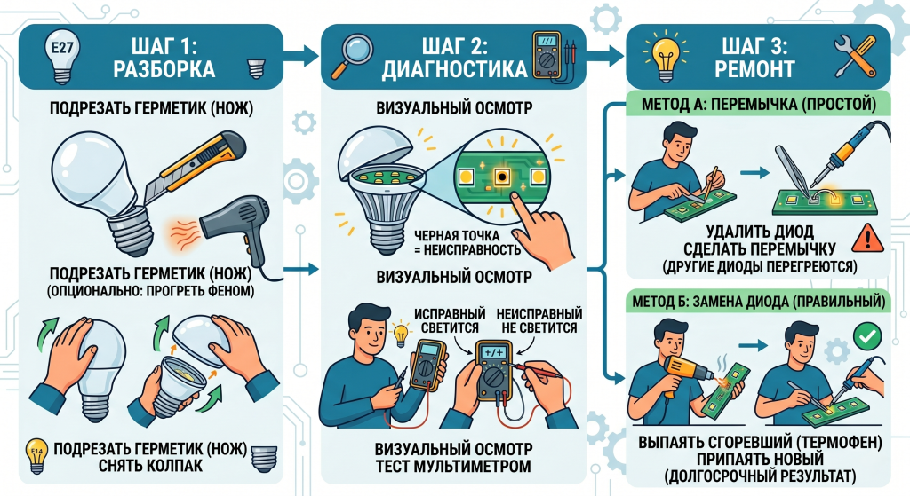 как отремонтировать светодиодный светильник