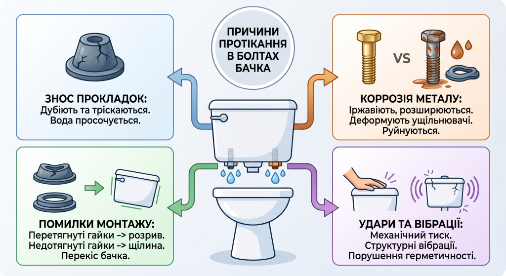 капає з болта кріплення бачка унітазу