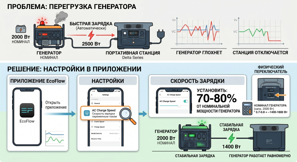 почему экофло не заряжается от генератора