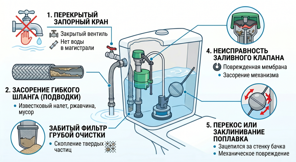 почему не набирается вода в бачок унитаза