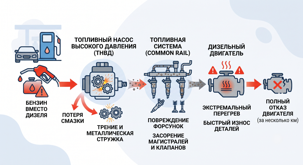 что будет залить бензин вместо дизеля