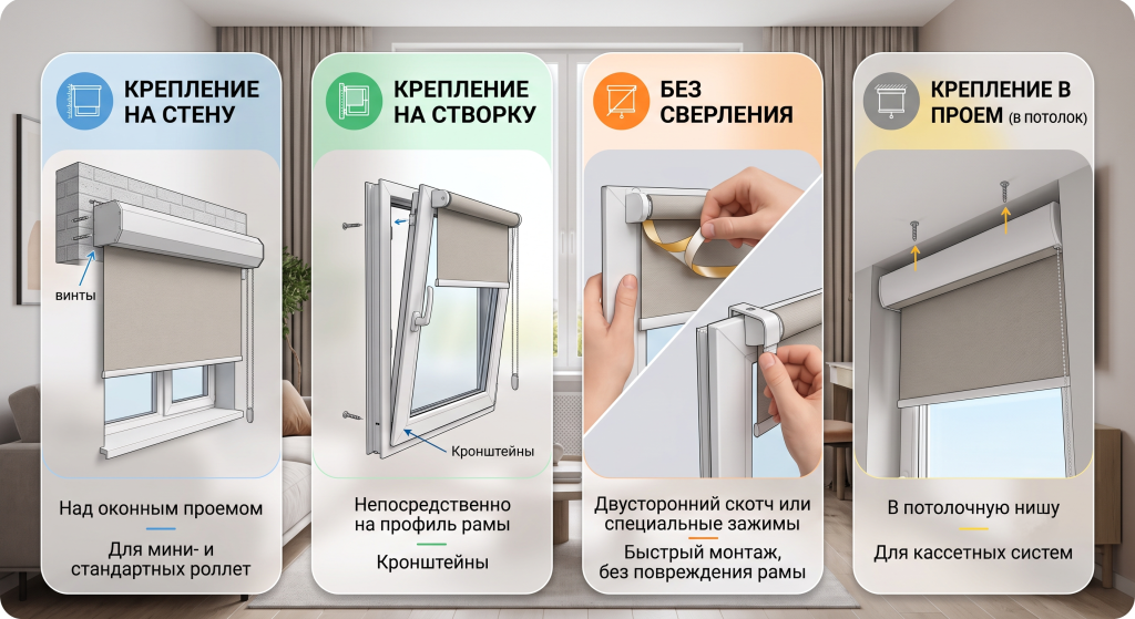как установить тканевые роллеты на окна