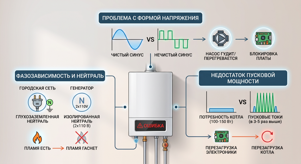 не работает котел от инверторного генератора